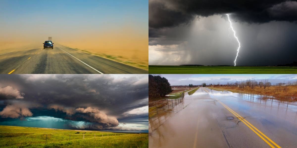 A collage of four different sever weather images, Sand storm, thunderstorm, tornado and flooding