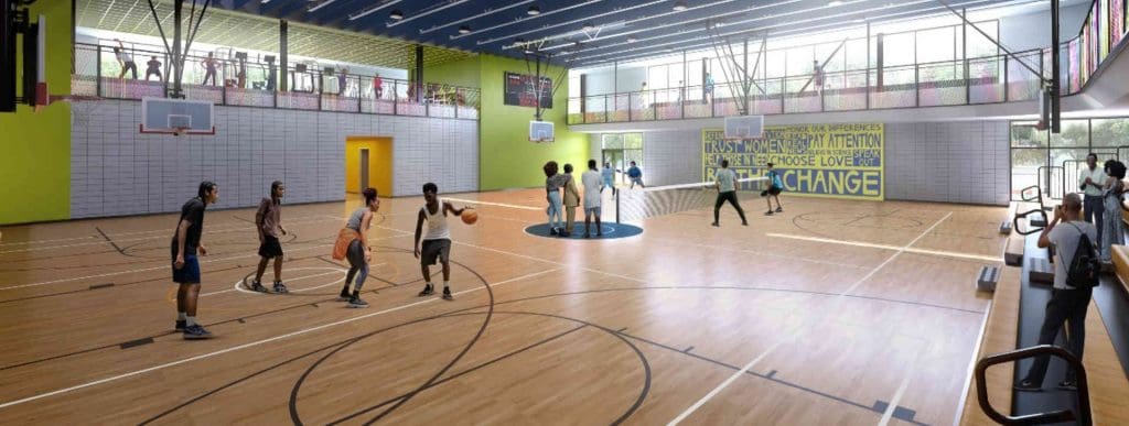 A basketball court rendering for a design company