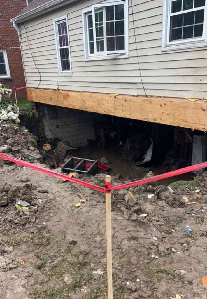 A collapsed basement of a house