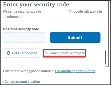 A screenshot of sam.gov website with a highlight over the Remeber this browser checkbox for the enter your security code screen