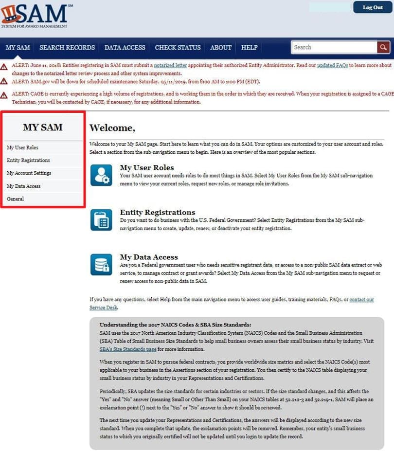 a screenshot of the sam.gov website with the five areas of MY SAM highlighted in a box