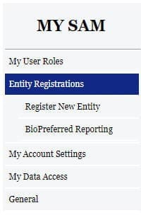 A screenshot of the sam.gov website showing the Entity Registrations menu options