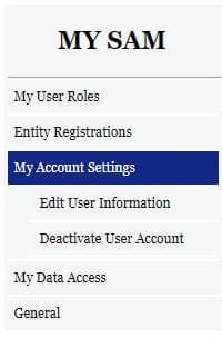 A screenshot of the sam.gov website showing the My Accoutn Settings menu options