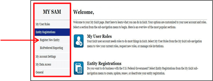a screenshot of sam.gov with an arrow pointing at the Register New Entity menu item