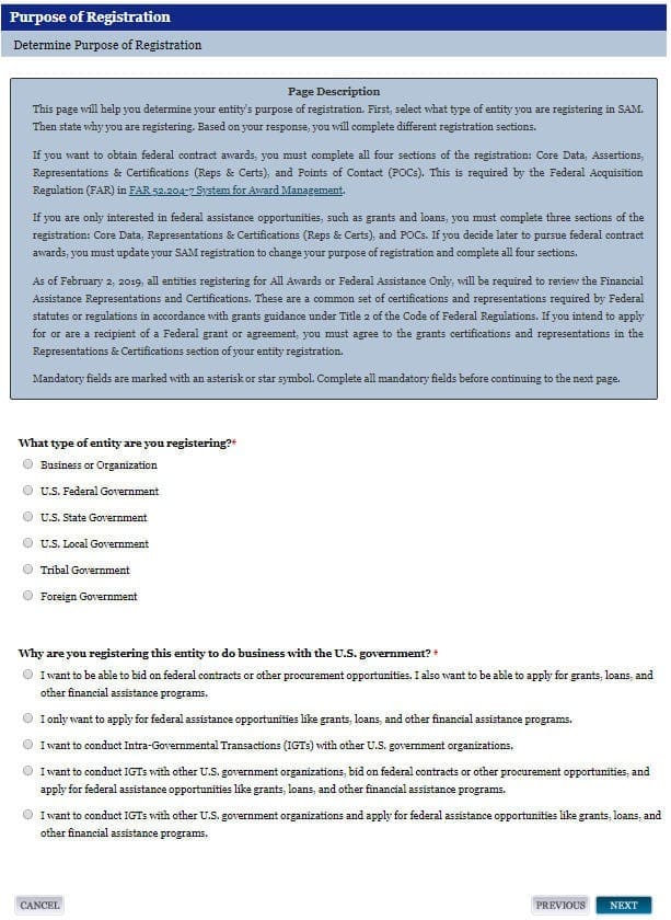 a screenshot of sam.gov showing the purpose of registration page