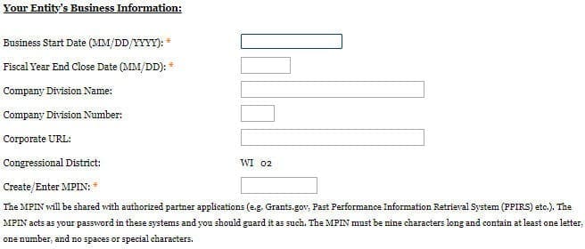 A screenshot of sam.gov showing the business information page
