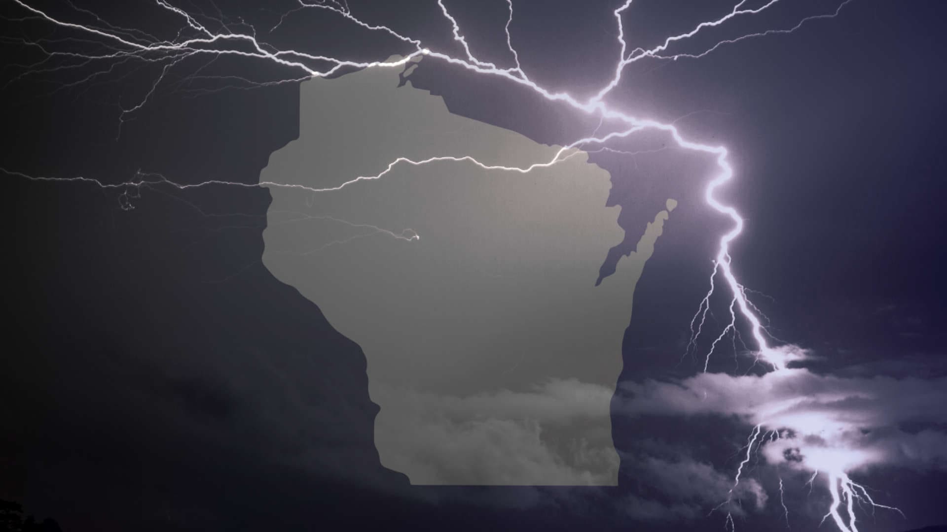 Lightning and storm clouds in front of an outline of the state of Wisconsin