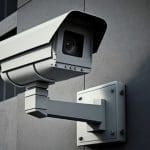 A security camera mounted on a wall