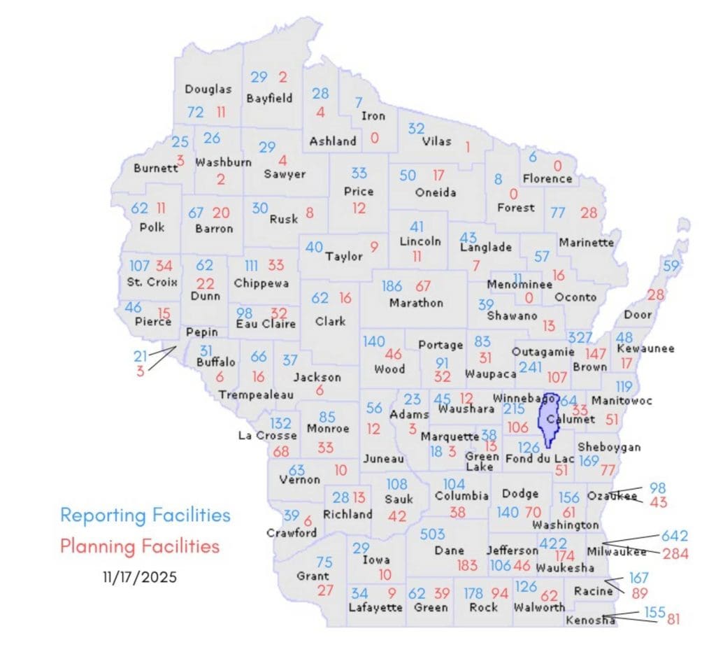 A map of Wisconsin counties with reporting and planning facilities listed on each county - Described on page in list form.