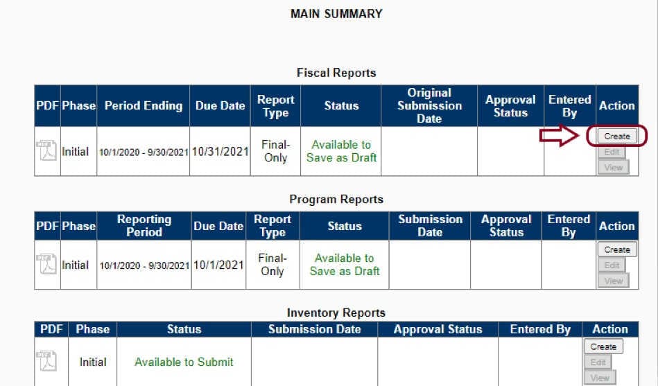 A screenshot of the main summary and create options (described on the page)
