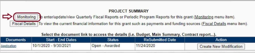 A screenshot of how to start the project summary (described on the page)