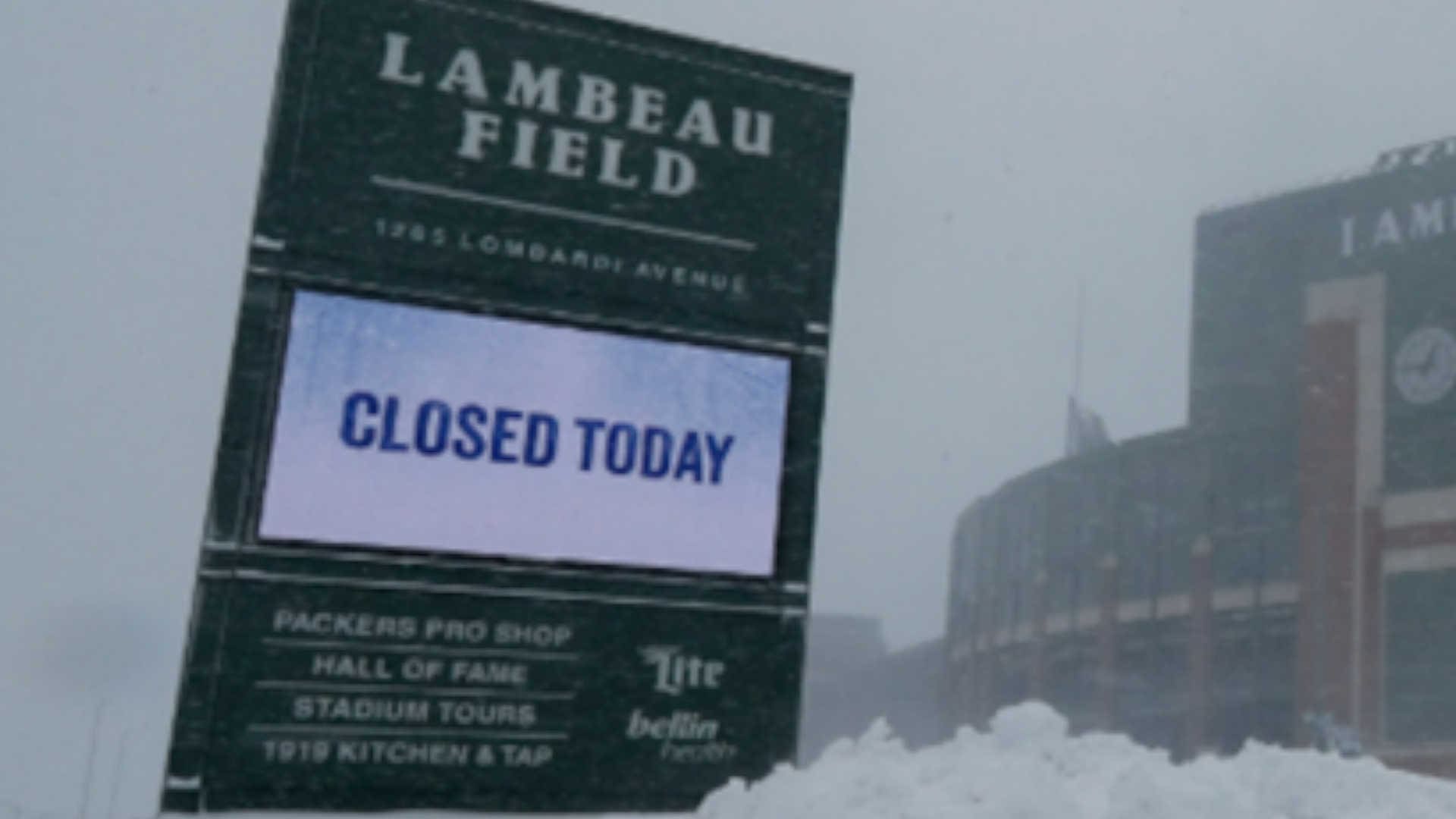 The Lambeau Field sign reading "Closed Today"