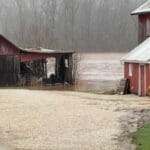 Barns with approaching floodwaters up to and above the foundations.