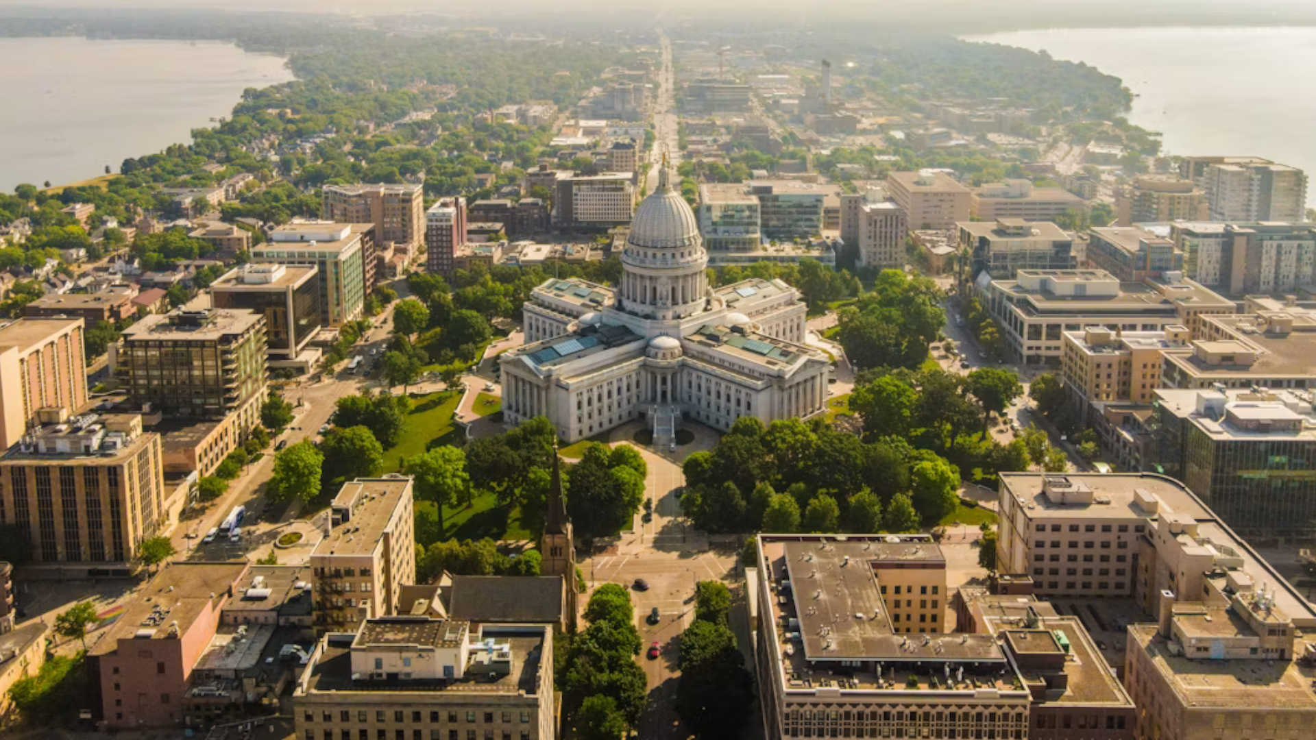 A photo of the Madison capital from the air looking down on the square.