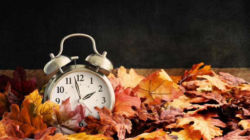 A clock in fall leaves for Daylight Savings Time