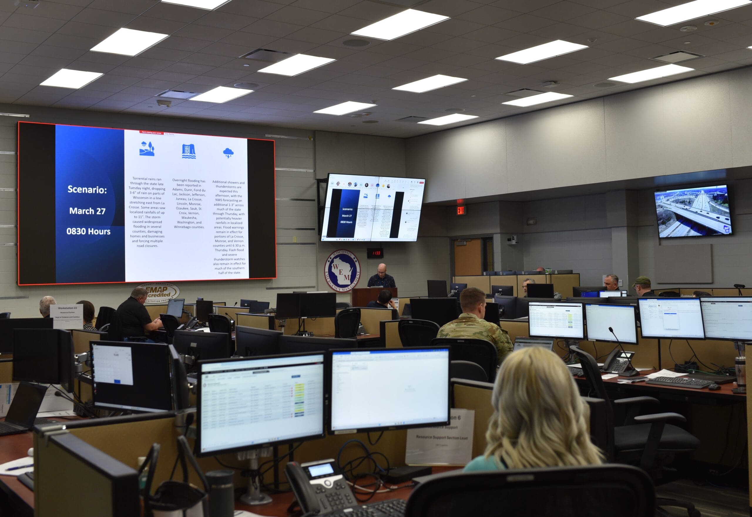 Staff in the State Emergency Operations Center participate in an exercise using the new Incident Support Model. Photo courtesy Wisconsin Emergency Management.