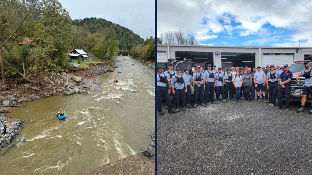 (left)WI-TF1 members (in red boats) work with another task force to search the river. (Right) WI-TF1 worked with a local fire department while providing assistance in North Carolina.  Courtesy: WI-TF1 Staff