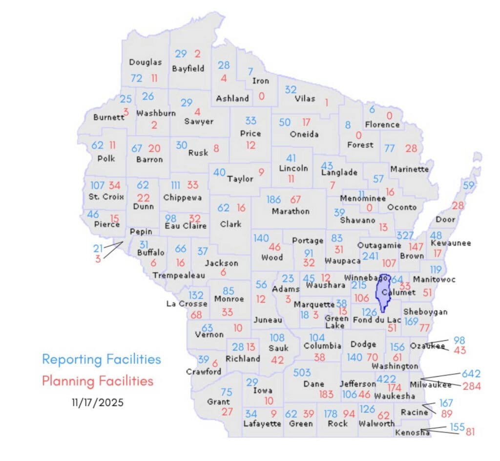 A map of Wisconsin counties with reporting and planning facilities listed on each county - Described on page in list form.