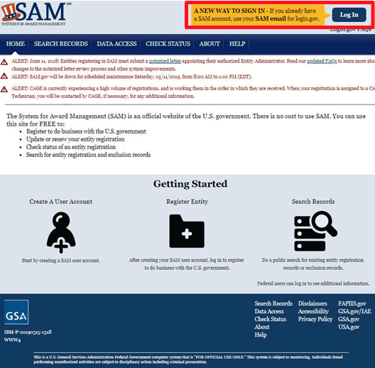 A screenshot of the sam.gov site with the login button highlighted