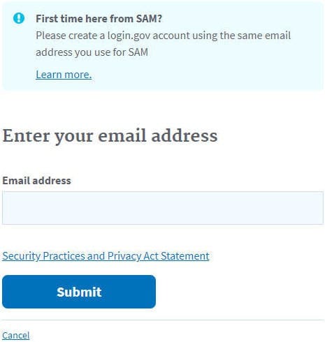 Screenshot of the sam.gov website showing the enter your email text box