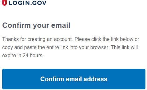 A screenshot of the login.gov screen confirming your email address button