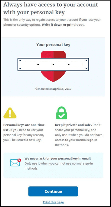 A screenshot of sam.gov showing the personal account key screen.