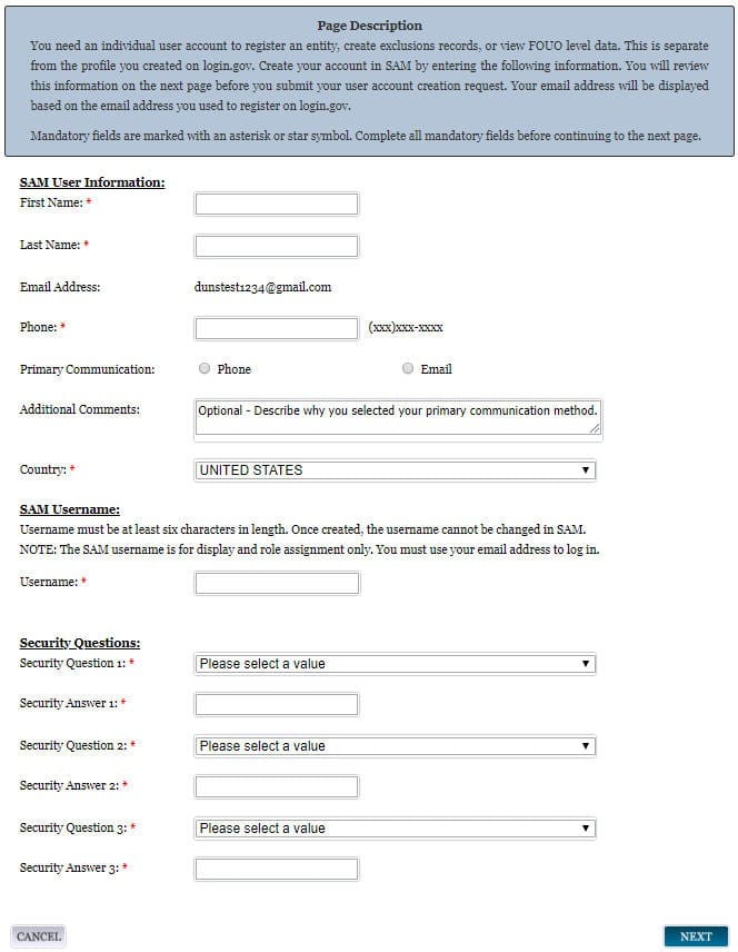 Screenshot of sam.gov user information so you can see what it will look like on the website.