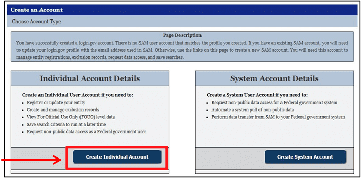 A screenshot of sam.gov account creation screen