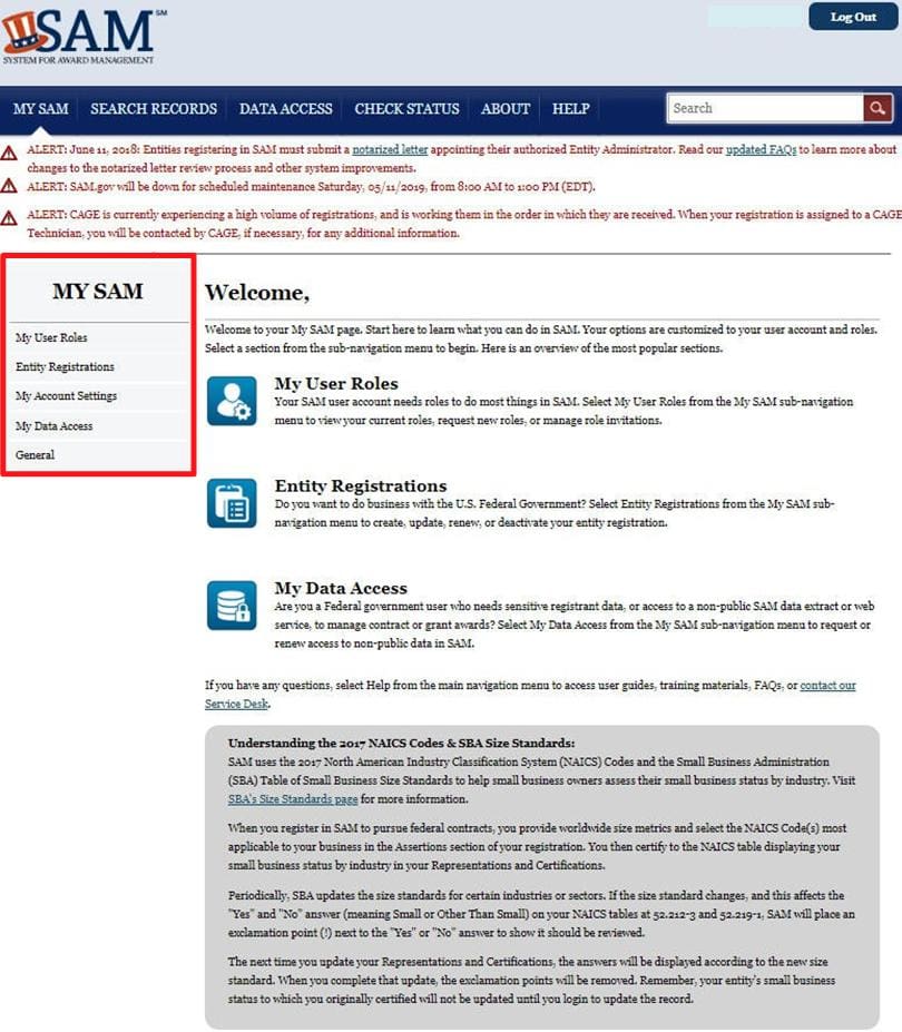 a screenshot of the sam.gov website with the five areas of MY SAM highlighted in a box