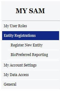 A screenshot of the sam.gov website showing the Entity Registrations menu options