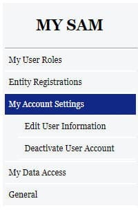 A screenshot of the sam.gov website showing the My Accoutn Settings menu options