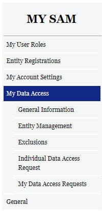 A screenshot of the sam.gov website showing the My Data Access menu options
