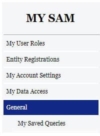 A screenshot of the sam.gov website showing the General menu options