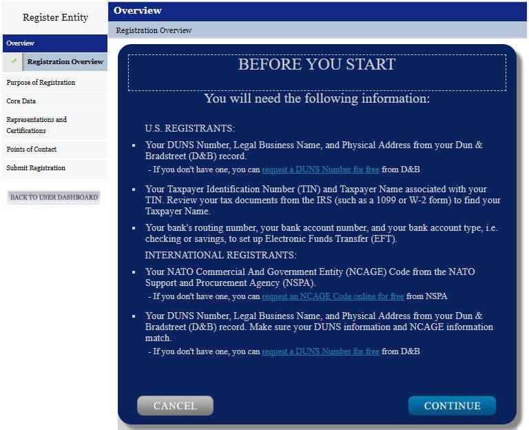 A screenshot of sam.gov showing the before you start information screen