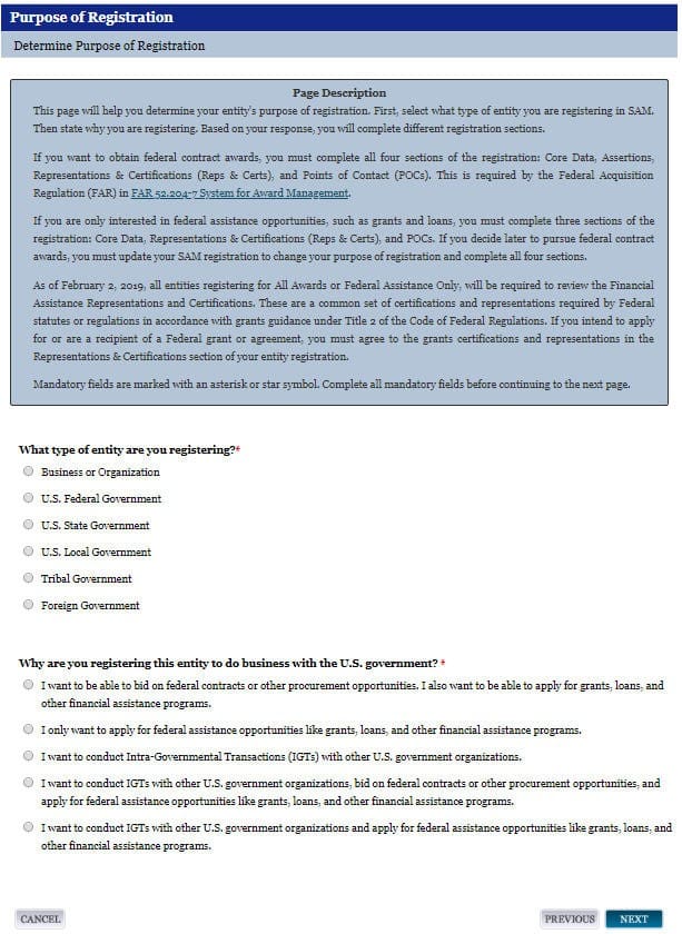 a screenshot of sam.gov showing the purpose of registration page