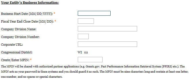 A screenshot of sam.gov showing the business information page