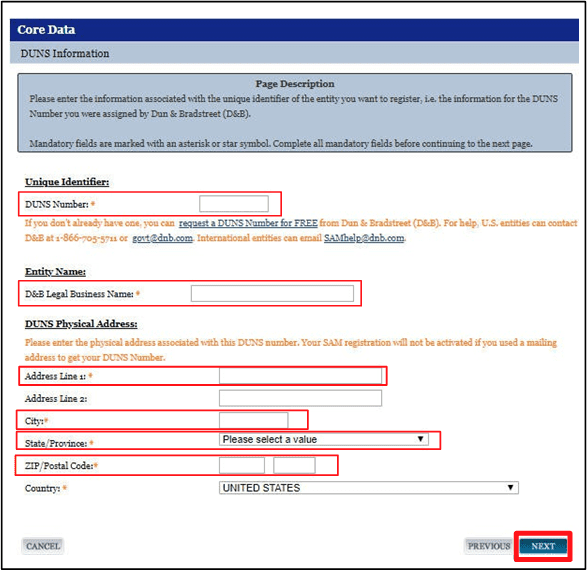 A screenshot of sam.gov with the areas discussed next to this image being highlighted