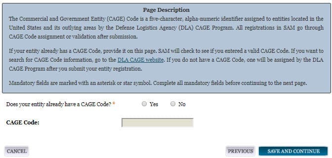 a screenshot of the sam.gov website showing the CAGE code page