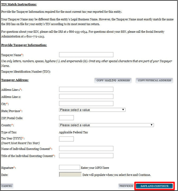 a screenshot of sam.gov showing the TIN Match instructions and taxpayer info screen