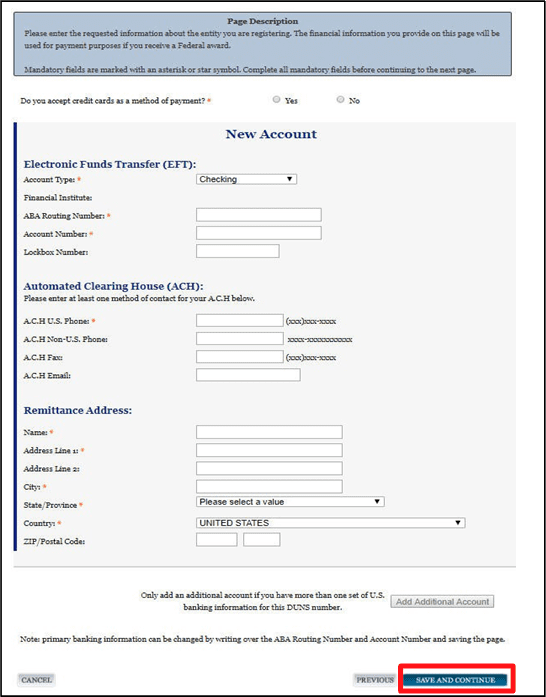 A screenshot of the sam.gov website showing the financial information for a new account