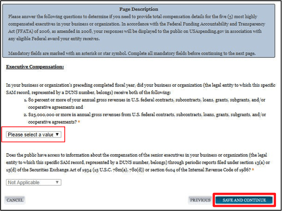 a screenshot of sam.gov showing the Executive Compensation Questions page