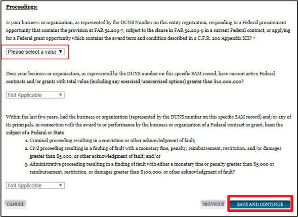 a screenshot of the sam.gov website showing the Proceeding Questions screen