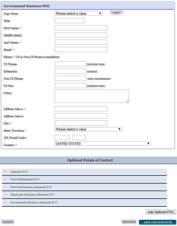 screenshot of sam.gov showing the Government Business POC info