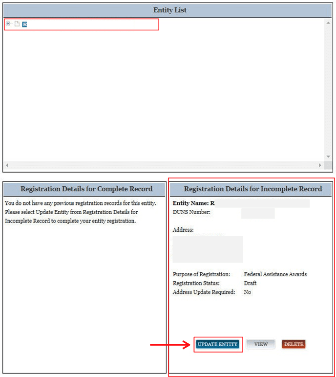 a screenshot of the sam.gov website showing the entity list menu item and registration details for incomplete records