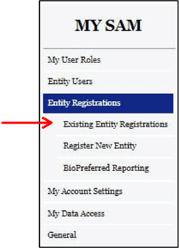 a screenshot of the sam.gov website with an arrow pointing at the "Existing Entity Registration" menu item